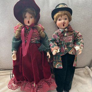 Christmas Carolers 17" Porcelian Women & Man Standing Open Mouth DecorativeDolls